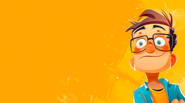 Optimistische cartoon jongen met een bril op een gele achtergrond