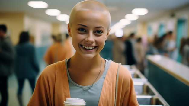 Optimistische vrouw na chemotherapie op lichte achtergrond