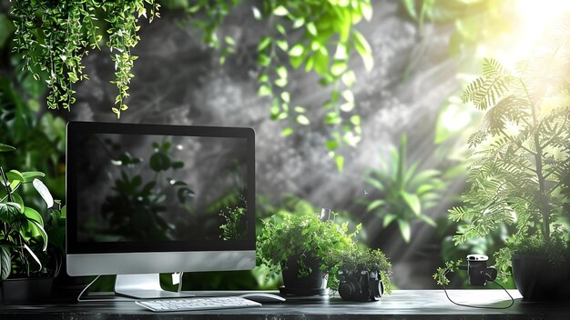Photo optimize your work from home setup with a personal computer live plants natural lighting and ai concept work from home home office setup personal computer live plants natural lighting