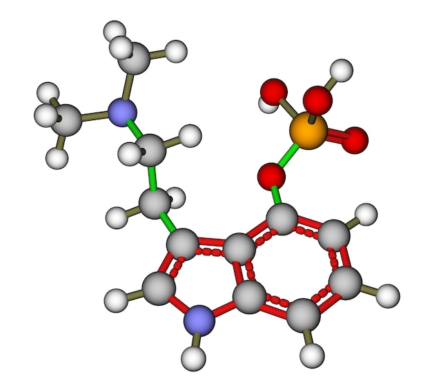 Optimized molecular structure of hallucinogen psilocybin on a white background