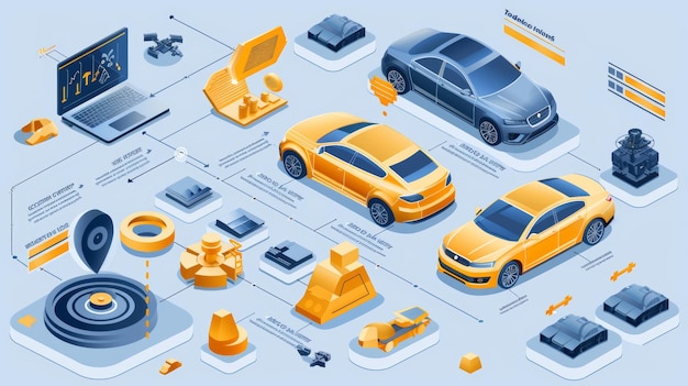 Foto ottimizzazione ottimale della produzione di automobili modelli virtuali striscioni orizzontali isometrici set di illustrazione moderna isolata 3d della tecnologia dei gemelli digitali