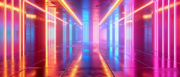 Optische illusie neonlichten laser show gloeiende lijnen abstracte fluorescerende achtergrond kamer gang nachtclub interieur 3D rendering