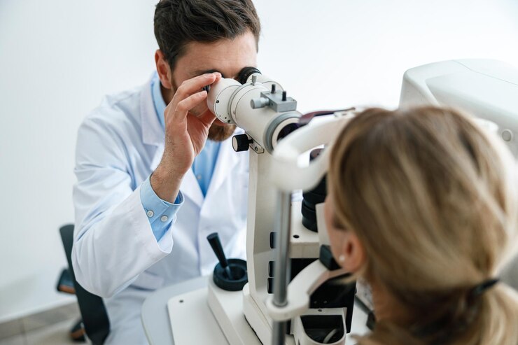 Photo optometrist checks the patients intraocular pressure in opticians shop or ophthalmology clinic