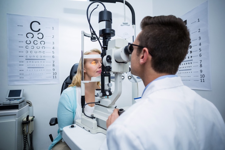 Photo optometrist examining female patient on slit lamp