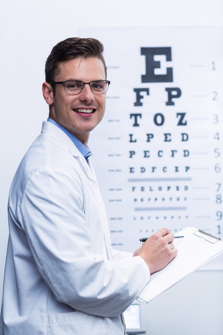 Photo optometrist writing on clipboard