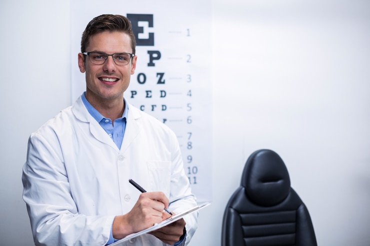 Photo optometrist writing on clipboard
