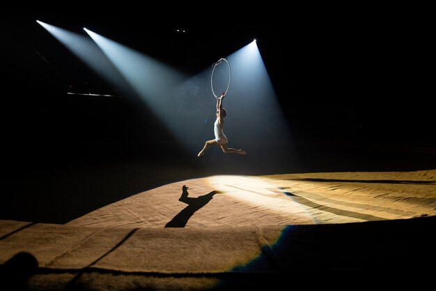 Optredens van artiesten op hoogte onder de koepel van het circus