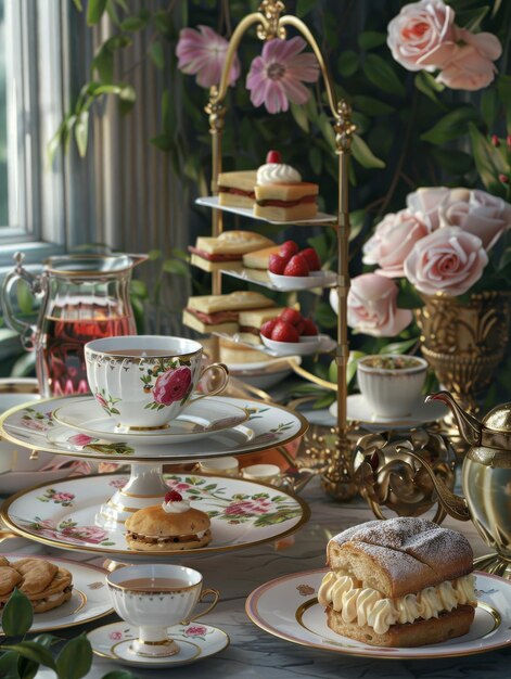 Роскошный послеобеденный чай с выпечкой в комнате, украшенной золотым декором возле великолепного камина