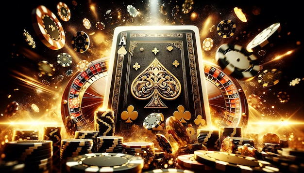Opulent Casino Frenzy Ace Card and Chips in Flight