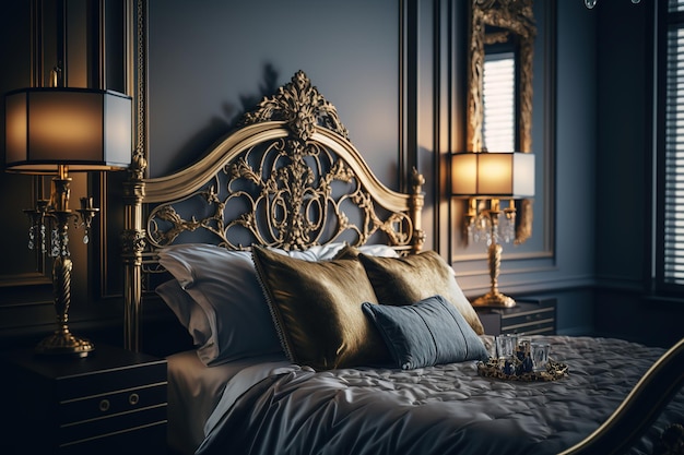 현대적인 스타일의 호화로운 진한 파란색 및 금색 침실 Generative AI