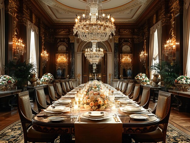 Opulent dining room with a crystal chandelier and elegant table settinghyperrealistic