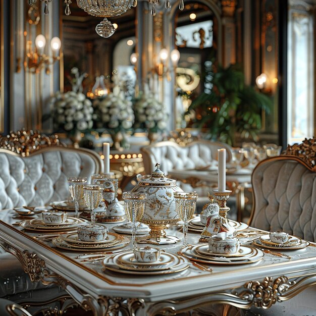 Photo opulent dining room with a crystal chandelier and elegant table settinghyperrealistic