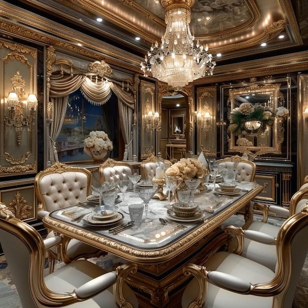 Opulent dining room with a crystal chandelier and elegant table settinghyperrealistic