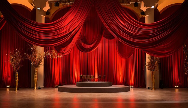 Opulent drapery in rich reds and golds cascading down the stage backdrop