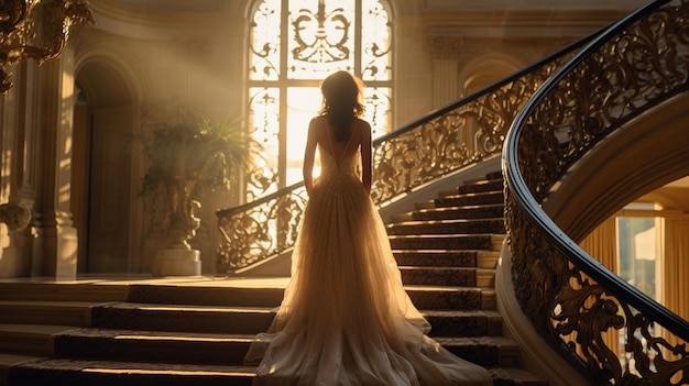 Opulent Elegance Lady by Grand Staircase in French Mansion