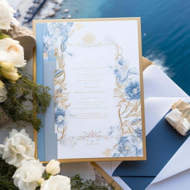 Photo opulent elegance luxurious wedding invitations gilded in gold and white set against a breathtaking