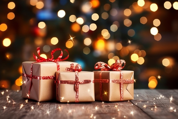 Opulent gift boxes adorned in red bows amidst festive twinkling lights' bokeh