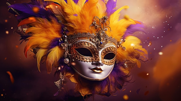 Opulent Gouden Maskerade Masker versierd met paarse veren en edelstenen Generatieve AI