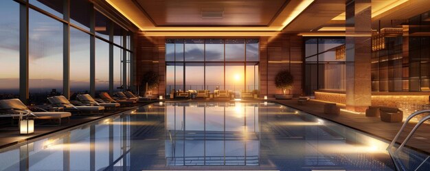An opulent indoor swimming pool is illuminated by the soft light of the setting sun visible through