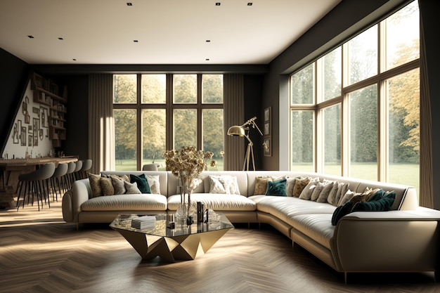 Opulent living room with large beige corner sofa oak flooring and expansive windows