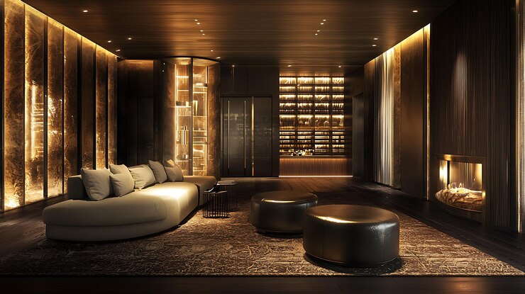 Photo opulent lounge with warm ambient lighting a modern fireplace plush seating and sophisticated decor