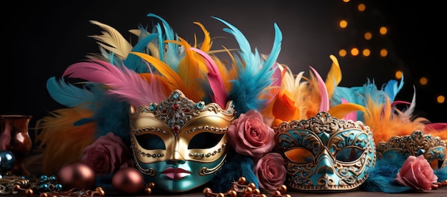 Opulent masks adorned with feathers and jewels set against an array of lit candles and festive decorations evoking the mysterious allure of a masquerade ball
