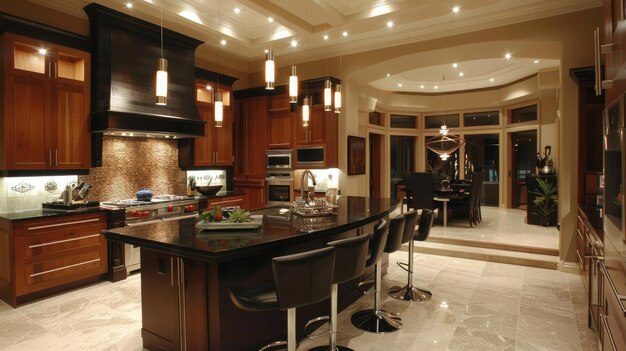 Opulent modern kitchen with premium island quartz counters and sophisticated lighting for a luxe feel