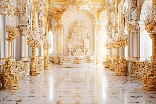 Opulent palace interior with gold accents and lavish furnishings