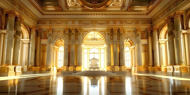 Photo opulent royal palace great hall with white throne gold accents and high ceilings concept opulent interiors royal palaces white thrones gold accents high ceilings