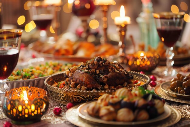 An opulent table is set with an array of delicious foods and drinks bathed in the glow of candlelight marking the end of a days fast