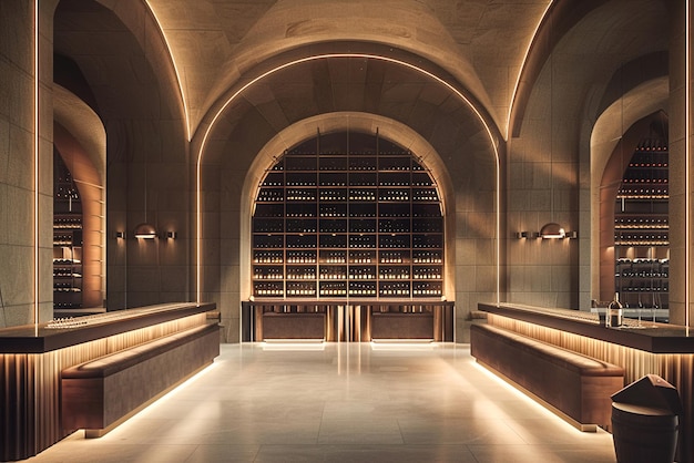 Opulent wine cellar with rows of arranged wine bottles elegant tasting area and soft ambient lightin