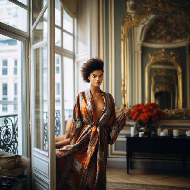 Foto opulente eclectische olivia von halle geïnspireerd door vogue editorial shoot in een prachtig parijse penthouse