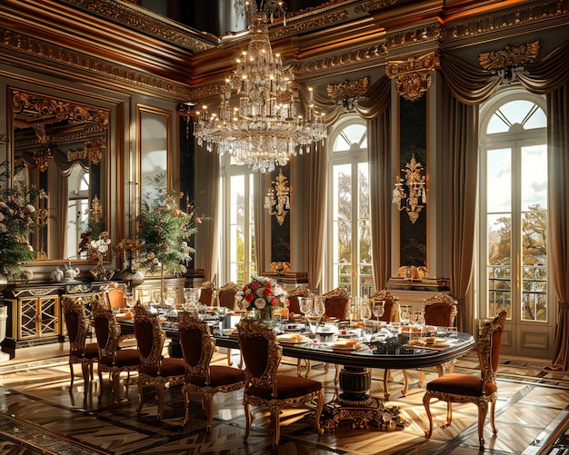 Opulente eetkamer met een kristallen kroonluchter en elegante tafelkleding hyperrealistisch