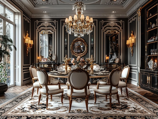 Opulente eetkamer met een kristallen kroonluchter en elegante tafelkleding hyperrealistisch