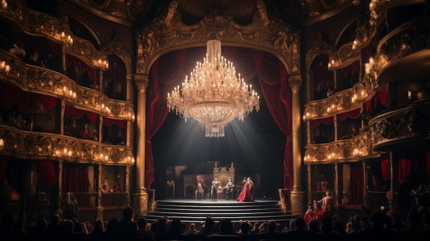 Opulente operazangers uit de jaren twintig spelen onder een grote kroonluchter.