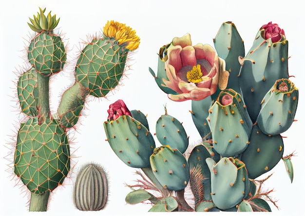 Opuntia Botanical Illustration 가시 배 식품 식물 배 선인장 추상 생성 AI 일러스트레이션