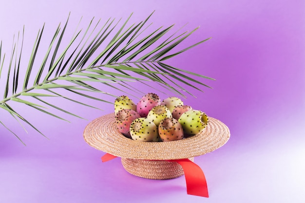 Opuntia fruit in a straw hat with a palm leaf on a trendy purple background