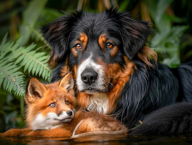 Opvallend portret van een Bernese berghond en een jonge rode vos samen Natuurvriendschap