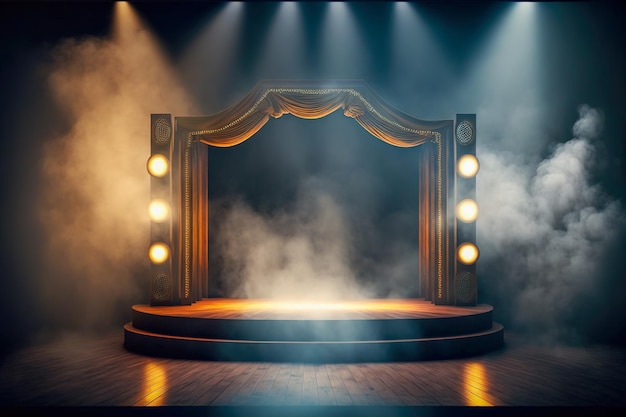 Opvallend theaterpodium met licht en rook Generatieve AI