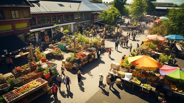 Foto opvallende drone-opnames van een levendige buitenmarkt, perfect voor lokale bedrijfsadvertenties