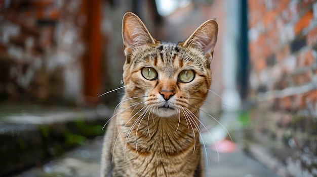 Opvallende huiselijke tabby kat met piercing ogen die poseert in een stedelijke steeg