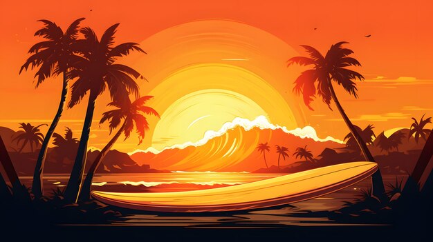 Opvallende illustratie van een surfplank met een tropische zonsondergang op de achtergrond