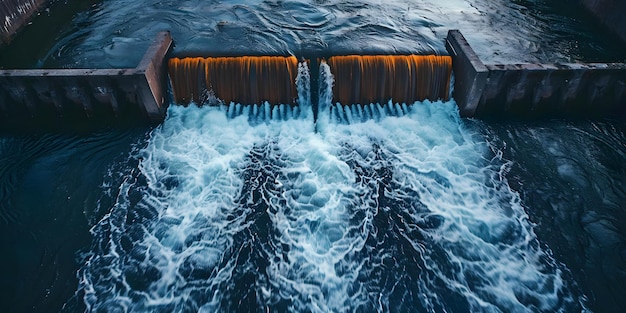 Foto opwekking van hernieuwbare energie water dat uit een dam stroomt bij een waterkrachtcentrale concept hernieuwbare energie hydro-elektrische energie waterstroom dam energieopwekking