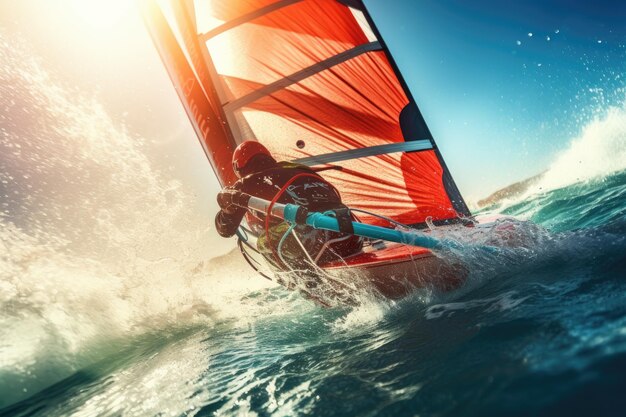 Foto opwindende ervaring van windsurfen vanuit het perspectief van een eerste persoon