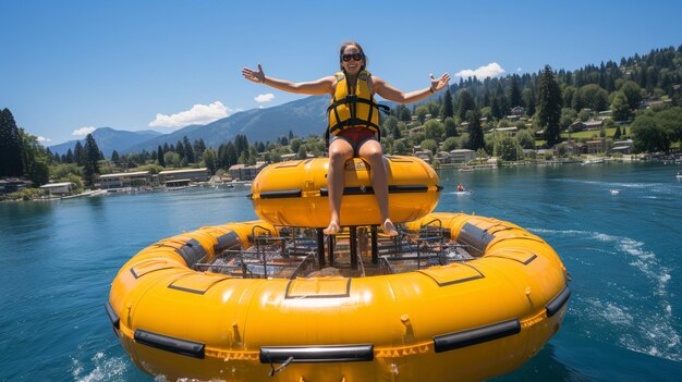 Opwindende watertrampoline-plezier