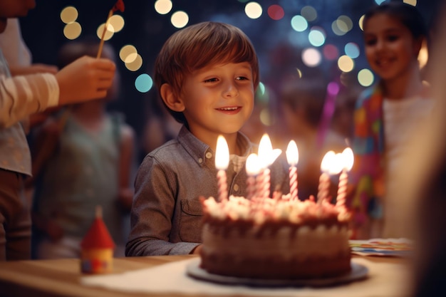 Opwinding in zijn ogen schattige kleine jongen blaast kaarsjes op zijn verjaardagstaart omringd door dierbaren