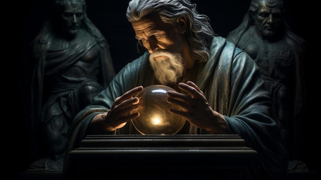 Oracle with crystal ball classical sculpture of enigmatic foresight