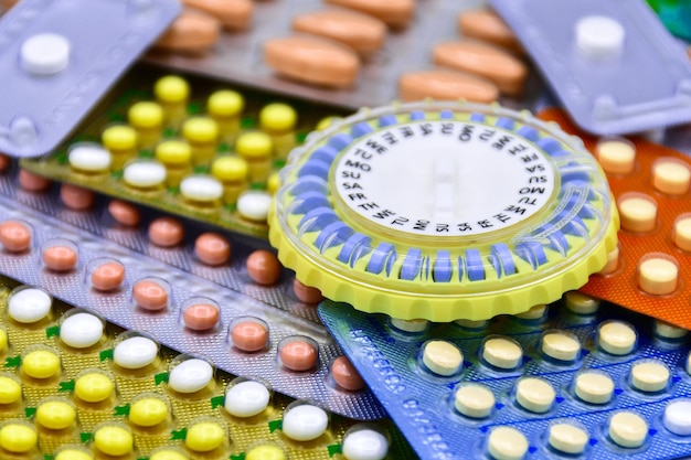 Oral contraceptive pill on pharmacy counter