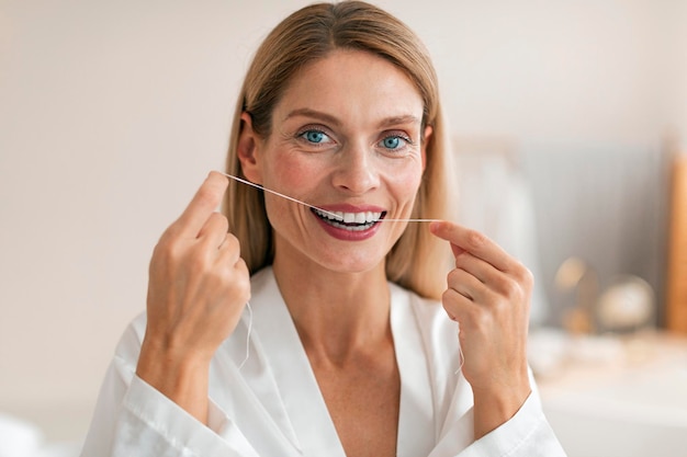 Oral health concept middle aged woman using dental floss making\
daily hygiene posing in bathroom interior