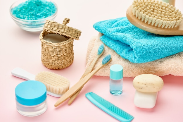 Oral and skin care products. Morning healthcare and toothcare procedures concept, hygiene tools